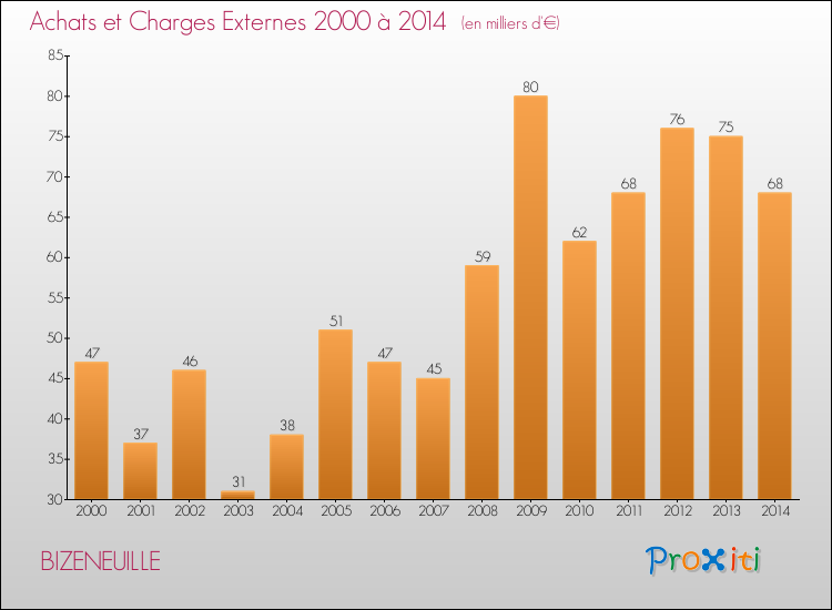 Evolution des Achats et Charges externes pour BIZENEUILLE de 2000 à 2014